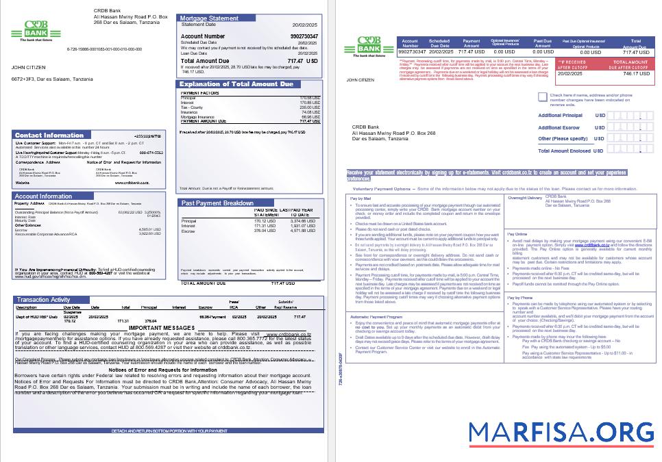 Downloadable Tanzania CRDB Bank mortgage statement in Word and PDF formats, 3 pages 1 2 download for verification